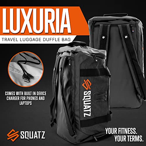 SQUATZ Duffle Bag Backpack, Gym Bag and Sports Bag, Removable Shoulder Straps, Carry On Weekend Bag for Airplane, Workout Overnight Backpack for Travel for Men and Women, USB Port, Black