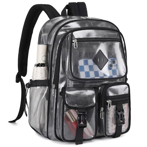 MOONBABY Clear Mesh Backpack for School Heavy Duty See Through Backpack Transparent Net Bookbag Girls Boys Back Pack for Swimming, Beach, Sports, Work, Travel (Black) - color: Black-1