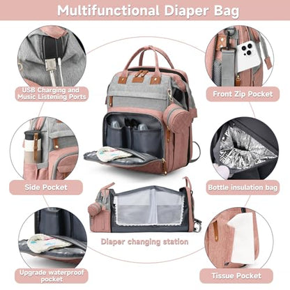 Baby Diaper Bags with Changing Station Multifunctional Waterproof Diaper Bag Backpack Travel Baby Bag with Changing Pad, Pacifier Case,Baby Essentials(PinkGrey) - color: Up-pinkgrey