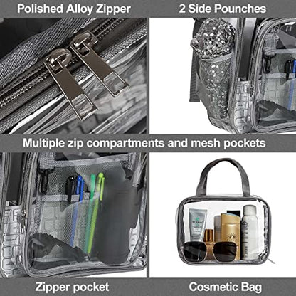2 Pieces Heavy Duty Clear Backpack, Gray PVC Waterproof Transparent Bags With Cosmetic Bag, See Through Book Bag With Lunch Bag, Stadium Approved, Reinforced Strap, School, Work, Women, Men, Boy, Girl