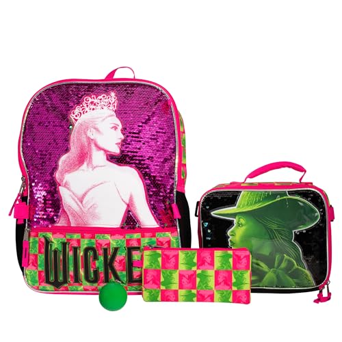AI ACCESSORY INNOVATIONS Wicked 5 Piece Backpack Set, Galinda & Elphaba Flip Sequin Girls School Bag with Front Zip Pocket, 2 Side Mesh Pockets, Pink & Green - color: Wicked
