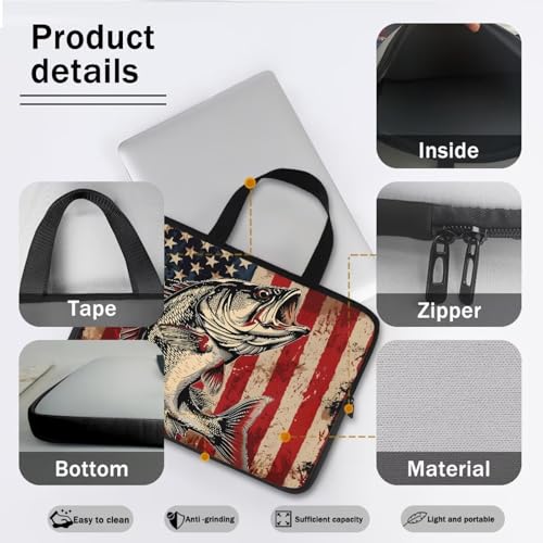 American Flag Fish Laptop Sleeve, Shockproof Laptop Tote Bag, Computer Bag Fits Up to 17 Inch, Zipper Tablet Sleeves Carrying Case for 4th of July USA 250 Years, Notebook Briefcase - color: American Flag Fish, size: 10 Inch