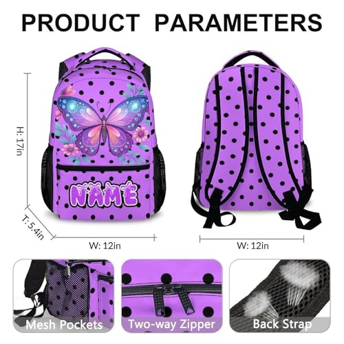 Kids Backpack Custom Butterfly Polka Dots Backpack for Girls, 17 Inch Girls Cute Bookbag for Travel Kindergarten Preschool Elementary School - color: Purple