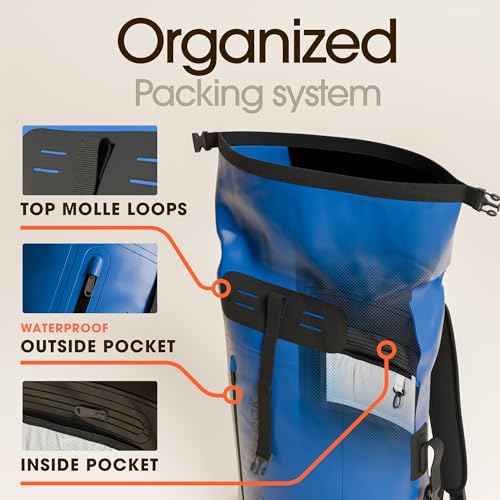 Earth Pak Waterproof Backpack - Heavy Duty Hiking Backpack - Roll-Top Closure Bag - Cushioned Dry Bag Waterproof Phone Case - color: Blue, size: 35L