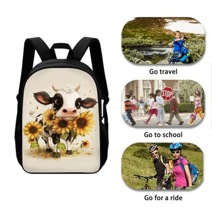 Cartoon Cow Sunflower Bookbag for Girls Boys Elementary Middle School Backpack with Lunch Box Pencil Case Water Bottle Holder Trendy School Bag 4 in 1 for Kids Back to School Supplies - color: Cartoon Cow Sunflower