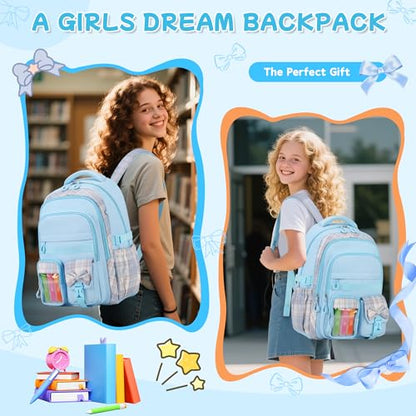 Girls Backpack, 17-Inch Bookbag for Middle & Elementary School, Kawaii Kids Backpack for Girls Ages 6-12(Blue) - color: Blue