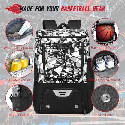 Basketball Backpack, Basketball Bag with Separate Ball Holder & Shoes Compartment Water Resistant Sports Bag Basketball Equipment Bags Fit Volleyball, Soccer, Swim, Gym, Travel, Black, White - color: Blackgreywhite