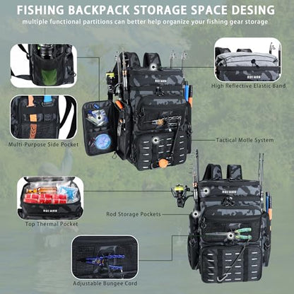 Fishing Backpack with Cooler & 4 Rod Holder, Large 45L Tackle Bag Store Fishing Gear Boxes Gifts for Men Woman-Camo Back Pack