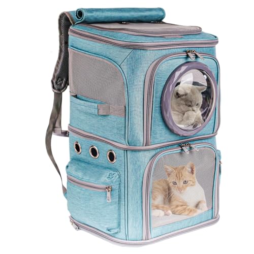 2-in-1 Pet Carrier Backpack for Two Cats or One Dog, Green Double-Layer 2 Compartment Carry Bag to Transport Small Animals Traveling and Hiking, Space Capsule Clear Bubble Dome - color: Green