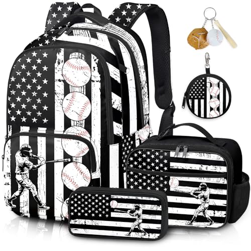 Baseball Backpack Set for Boys, Kids American Flag Backpack for School with Lunch Box and Pencil Case Coin Purse, School Bookbag for Boys - color: Baseball
