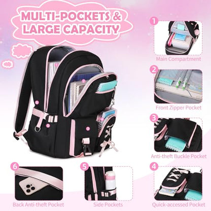 Backpacks for Girls, Girls Backpack with Lunch Box and Pencil Case for Teen Kids Elementary Middle High School College Student, Children Backpack Bookbag with USB Charging Port (Black Pink with Chain) - color: Black & Pink With Chain