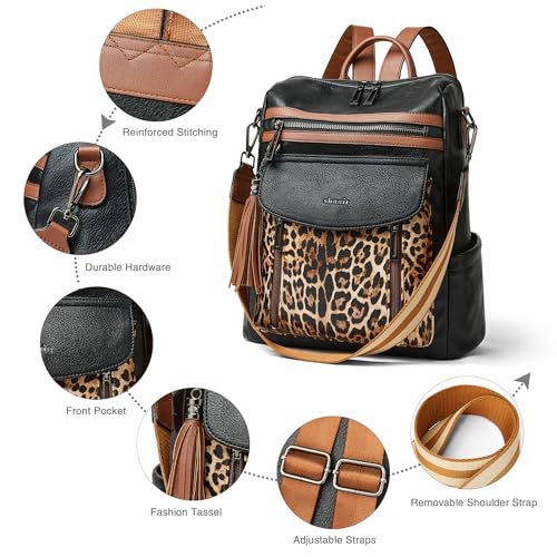 Shrrie Backpack Purse for Women Fashion Leather Backpack Purse Designer Travel Backpack Convertible Shoulder Bag with Wristlet - color: 2-3 Black With Leopard