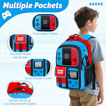 Gamer Backpack for Boys, 4pcs Gaming Boys Backpack with Lunch Box and Pencil Case for Kids, Video Gamer School Bags - color: Red and Blue
