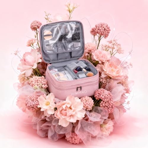 FAYYGYH Makeup Bag, Portable Cosmetic Bag, Travel Makeup Organizer With Handle and Divider, Double Layer Large Organizer Bag, Adjustable Dividers and Brush Organize area- Pink (makeup bag-small)