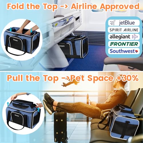 Petskd Top-Expandable Pet Carrier 17x12x8.5 Inches JetBlue Allegiant Spirit Airline Approved, Soft-Sided Carrier for Small Cats and Dogs with Locking Safety Zippers and Anti-Scratch Mesh(Blue) - color: Blue, size: 17.0"L x 12.0"W x 8.5"H