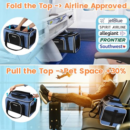 Petskd Top-Expandable Pet Carrier 17x12x8.5 Inches JetBlue Allegiant Spirit Airline Approved, Soft-Sided Carrier for Small Cats and Dogs with Locking Safety Zippers and Anti-Scratch Mesh(Blue) - color: Blue, size: 17.0"L x 12.0"W x 8.5"H