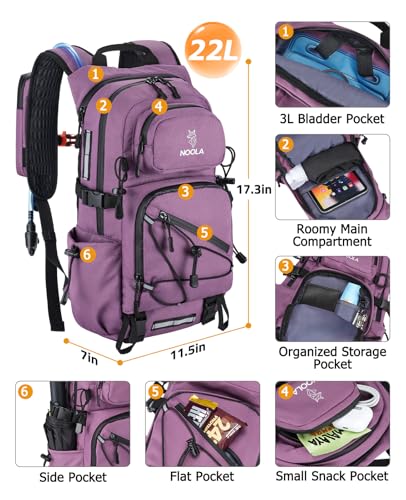NOOLA Hydration Backpack with 3L Water Bladder - 22L Water Backpack for Hiking, Cycling, Running, Biking - Lightweight Hiking Pack Bag with Rain Cover, Phone Holder and Trekking Pole Holders, Purple - color: Purple, size: 22 Liters