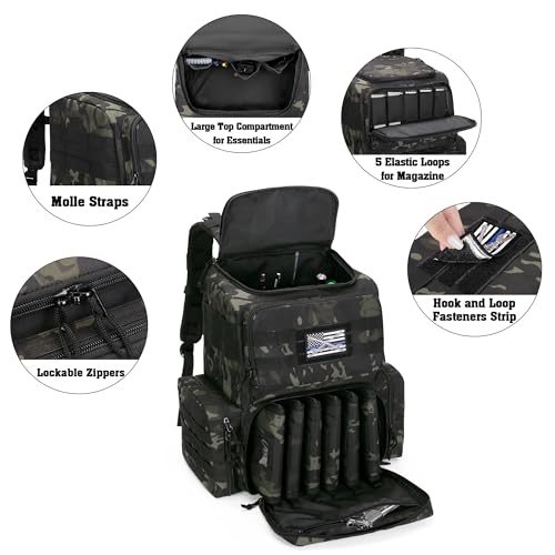DSLEAF Tactical Range Pistol Backpack with 6 Pistol Cases, Gun Backpack with 9X Magazine Slots for Shooting and Hunting - color: Camo