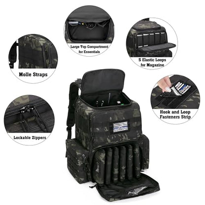 DSLEAF Tactical Range Pistol Backpack with 6 Pistol Cases, Gun Backpack with 9X Magazine Slots for Shooting and Hunting - color: Camo