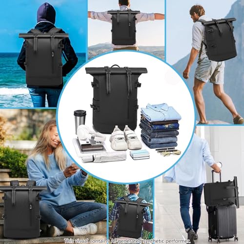 Travel Roll Top Backpack with Shoe Compartment, 17 inch Laptop Compatible, for Business, Hiking, Mountaineering, Large Capacity - color: Black Upgraded Version
