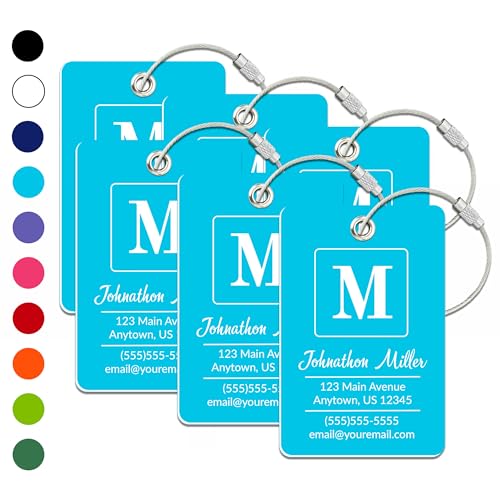 Personalized Luggage Tag | 6 Pack | Custom Luggage Tags for Suitcases | Kids Backpack Tag | 10 Color Options & Choose Font, Font Color - color: Light Blue, size: 6 pack - Large