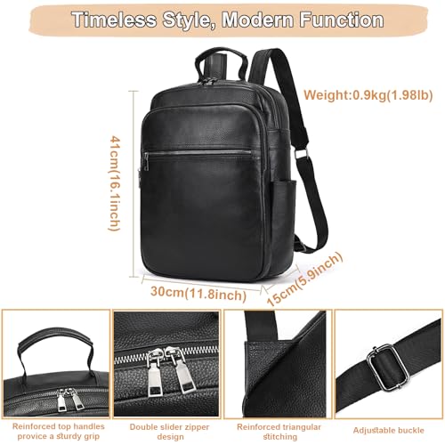 Genuine Leather 15.6 Inch Laptop Backpack for Men & Women, Business Commute Bag Daypack with Multi-Pockets for Travel Outdoor - color: Y80-17y-black
