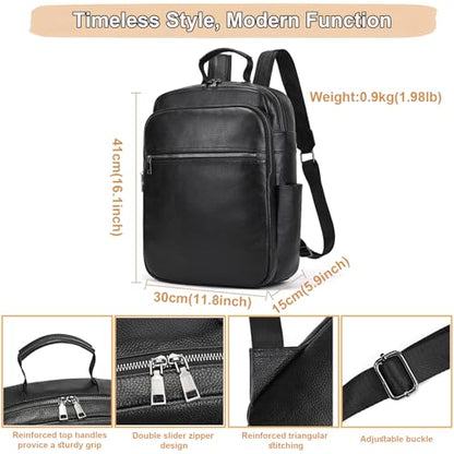 Genuine Leather 15.6 Inch Laptop Backpack for Men & Women, Business Commute Bag Daypack with Multi-Pockets for Travel Outdoor - color: Y80-17y-black