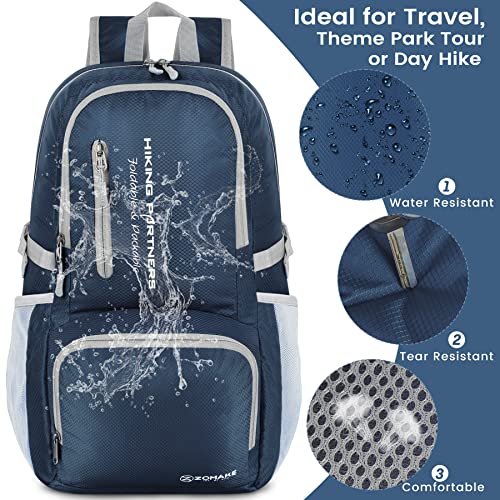 ZOMAKE Lightweight Packable Backpack, 35L Light Foldable Hiking Backpacks Water Resistant Collapsible Daypack for Travel(Navy Blue) - color: Navy Blue
