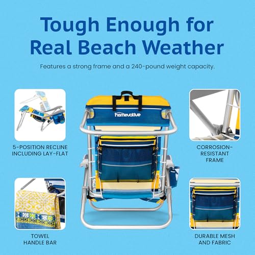 Homevative Cooler+ Folding Backpack Beach Chair with 5 Positions, Towel bar, XL Cooler Pouch, Storage Net, Cup and Phone Holder, Sunshine, 2 Pack - color: Sunshine
