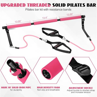 Pilates Bar Kit with Resistance Bands, Olodeer Pilates Reformer Exercise Bar with Ab Roller at Home Workout Equipment, Pilates Bar Set for Full Body Training Women & Men