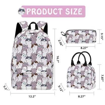 Cat Cute 3PCS Backpack Set for Teens Elementary Middle High School, 17 Inch Lightweight Classic Backpack 3 in 1 Set for Girls Boys, Kids Back to School Backpack with Lunch Box Pencil Case - color: Cat