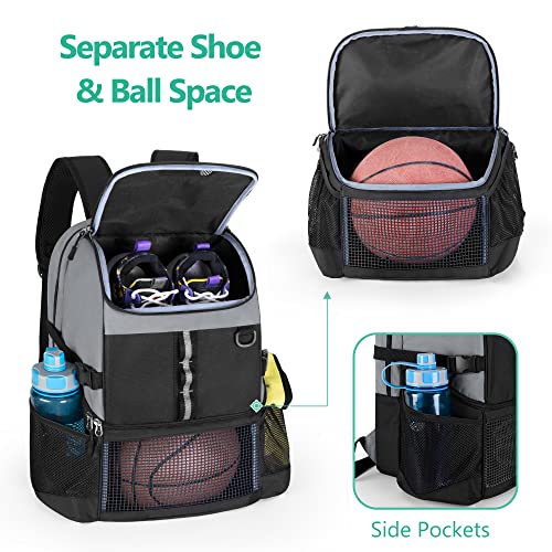 GOBUROS Basketball Bag, Soccer Equipment Bag with Ball & Shoe Compartment for Soccer Ball, Volleyball, Gym, Outdoor, Travel - color: Grey