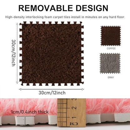 Thickened Plush Foam Interlocking Floor Carpet Mat, 24 Piece 12x12in Fluffy Square Puzzle Foam Carpet Tiles with Edgings, Soft Anti-Slip Shaggy Area Rug Playmat (Dark Curry+Grey) - color: Dark Curry+grey
