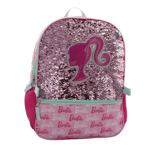 AI ACCESSORY INNOVATIONS Barbie 4 Piece Backpack Set, Sparkle & Shine with this Magic Flip Sequin School Bag for Girls with Zip Front Pocket, Pink - color: Barbie Pink