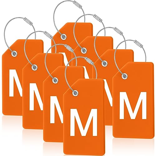 8 Pcs Initial Letter A-Z Luggage Tags Silicone Suitcase Instrument Tag with Name Card and Stainless Steel Loop(Letter M,Orange) - size: Letter M, style: Orange