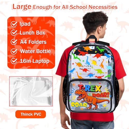 SHPMXUPW 3PCS Clear Black Backpack for School - Dinosaur Kids Clear Backpacks for Boys and Girls, Heavy Duty Transparent Bookbag with Lunch Bag and Pencil Case - See Through PVC Transparent Bookbag - color: Black-Dinosaur