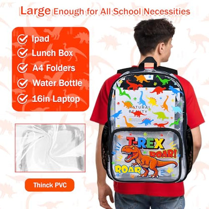 SHPMXUPW 3PCS Clear Black Backpack for School - Dinosaur Kids Clear Backpacks for Boys and Girls, Heavy Duty Transparent Bookbag with Lunch Bag and Pencil Case - See Through PVC Transparent Bookbag - color: Black-Dinosaur