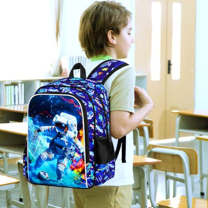 HPJGD 3PCS Boys Astronaut Bookbag, Water Resistant Kids School Bag Set with Lunch Box, Cool Backpack for Elementary Preschool Toddler - Soccer Astronaut - color: Cool Uv Printed Astronaut Soccer Blue