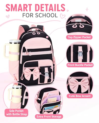 CAMTOP Girls Backpack with Lunch Box & Pencil Case Set, School Backpack for Girls with Large Water Bottle Holder Straps, Waterproof Kids Backpack, Cute Bookbag for Elementary School & Travel - color: Black Pink