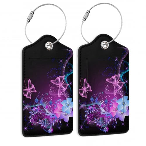 Luggage Tags for Suitcase,2 Pack Butterfly Luggage Tag Flowers Glowing Leather Privacy Cover ID Label with Stainless Steel Loop for Women Men Kids Girls Travel - color: Butterfly Flowers Glowing