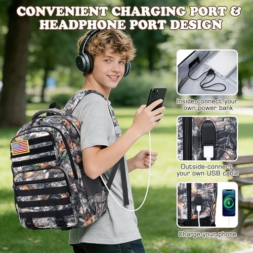 Camo Backpack for Boys, Tactical Boys Backpack with Lunch Box Pencil Case, Kids Backpacks with USB Charging Port, Military Army School Bookbag for Teen Boy Elementary Middle High School Camp - color: Brown Leaves