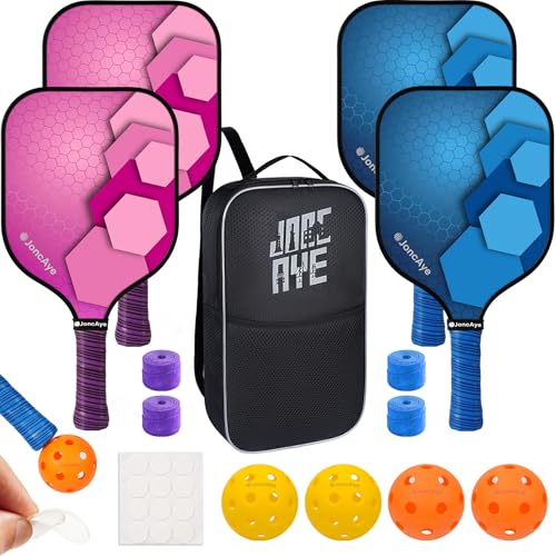 JoncAye Pickleball Paddles Set of 4 or 2, USAPA Approved Fiberglass Rackets with Outdoor Indoor Balls, Bag, Overgrip, Lightweight for Family, Professional Equipment for Beginners Intermediate - color: Pink, Blue