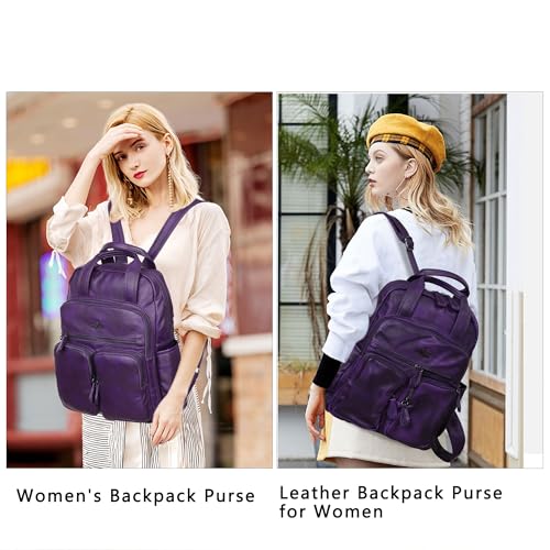 Angel Kiss Backpack Purse for Women Soft Washed Leather Multi Pocket Casual Travel Backpacks… - color: Dark-purple