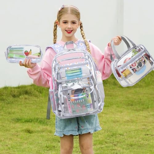 ACESAK Clear Backpack for Girls - 3 Pcs Clear Backpack Heavy Duty with Lunch Bag - See Through Bookbag Stadium Approved for Kids Middle High College School Sport Travel (Gray Daisy) - color: Gray Daisy