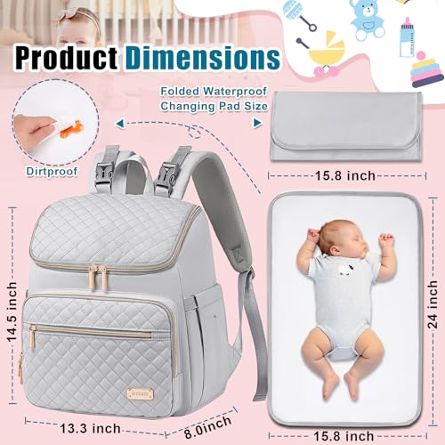 Weitars Diaper Bag Backpack Large Baby Diaper Bag with Changing Pad Travel Diaper Backpack,Baby Bag for Boys Girls,Stroller Straps,5 Insulated Pockets (Gray) - color: Gray