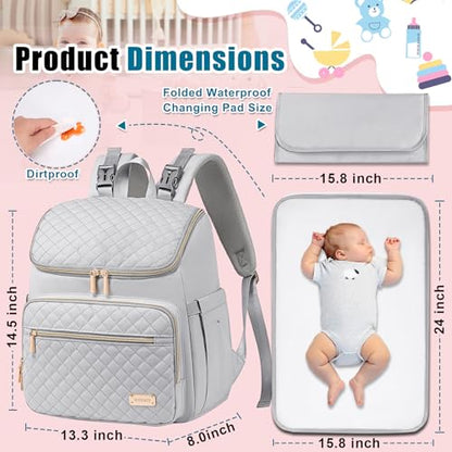 Weitars Diaper Bag Backpack Large Baby Diaper Bag with Changing Pad Travel Diaper Backpack,Baby Bag for Boys Girls,Stroller Straps,5 Insulated Pockets (Gray) - color: Gray