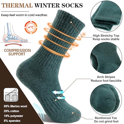 MOGGEI 5 Pairs Womens Merino Wool Socks Hiking Warm Winter Thick Thermal Crew Cozy Cabin Ladies Gift Comfy Boot Work Socks - color: White/Yellow/Green/Dark Grey/Caramel