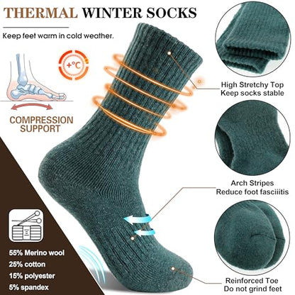 MOGGEI 5 Pairs Womens Merino Wool Socks Hiking Warm Winter Thick Thermal Crew Cozy Cabin Ladies Gift Comfy Boot Work Socks - color: White/Yellow/Green/Dark Grey/Caramel