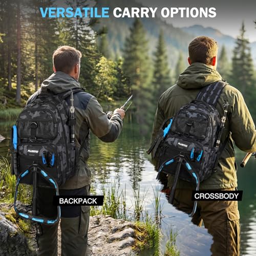 PLUSINNO Fishing Backpack with Fishing Gear Fishing Net, Waterproof Tackle Backpack with Rod Holders, Tackle Box, Lures, Tools, Pliers & Accessories, Fish Gifts for Men - color: Fishing Backpack with Fishing Net