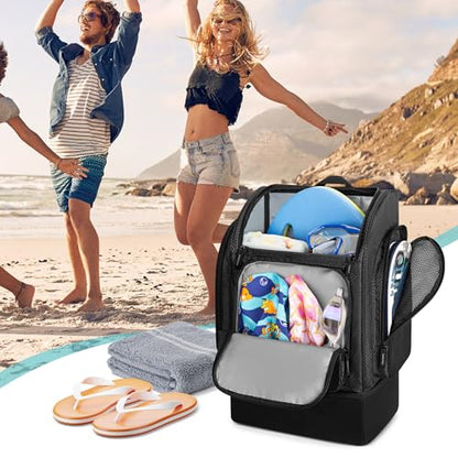 Fasrom Mesh Beach Backpack with Insulated Cooler Compartment, Wet Dry Separation Beach Bag, Large Capacity Tote for Swim - color: Black